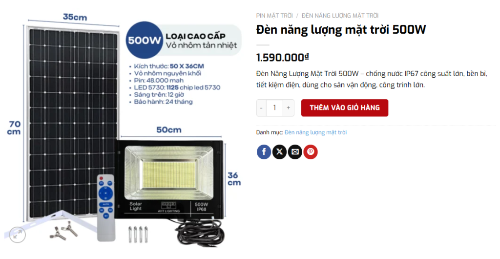 Giá sản phẩm đèn năng lượng mặt trời 500W hàng cao cấp rất tốt