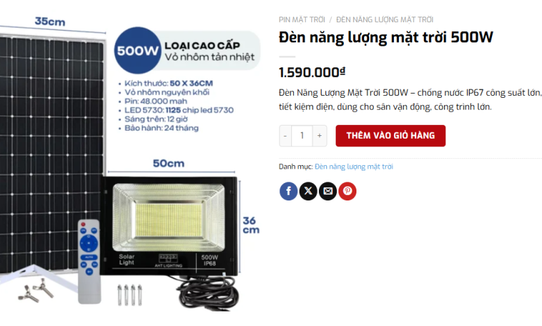 Giá sản phẩm đèn năng lượng mặt trời 500W hàng cao cấp rất tốt